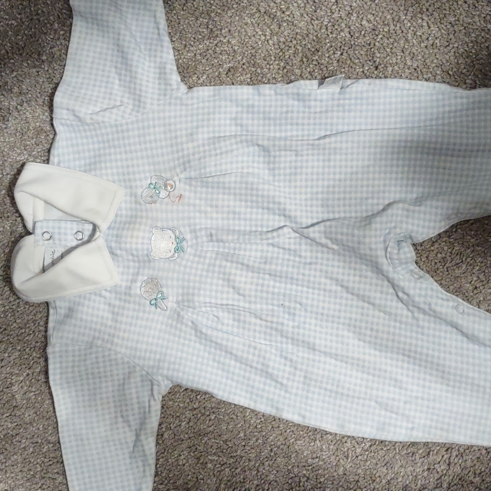 Blue and white checkered bodysuit with feet